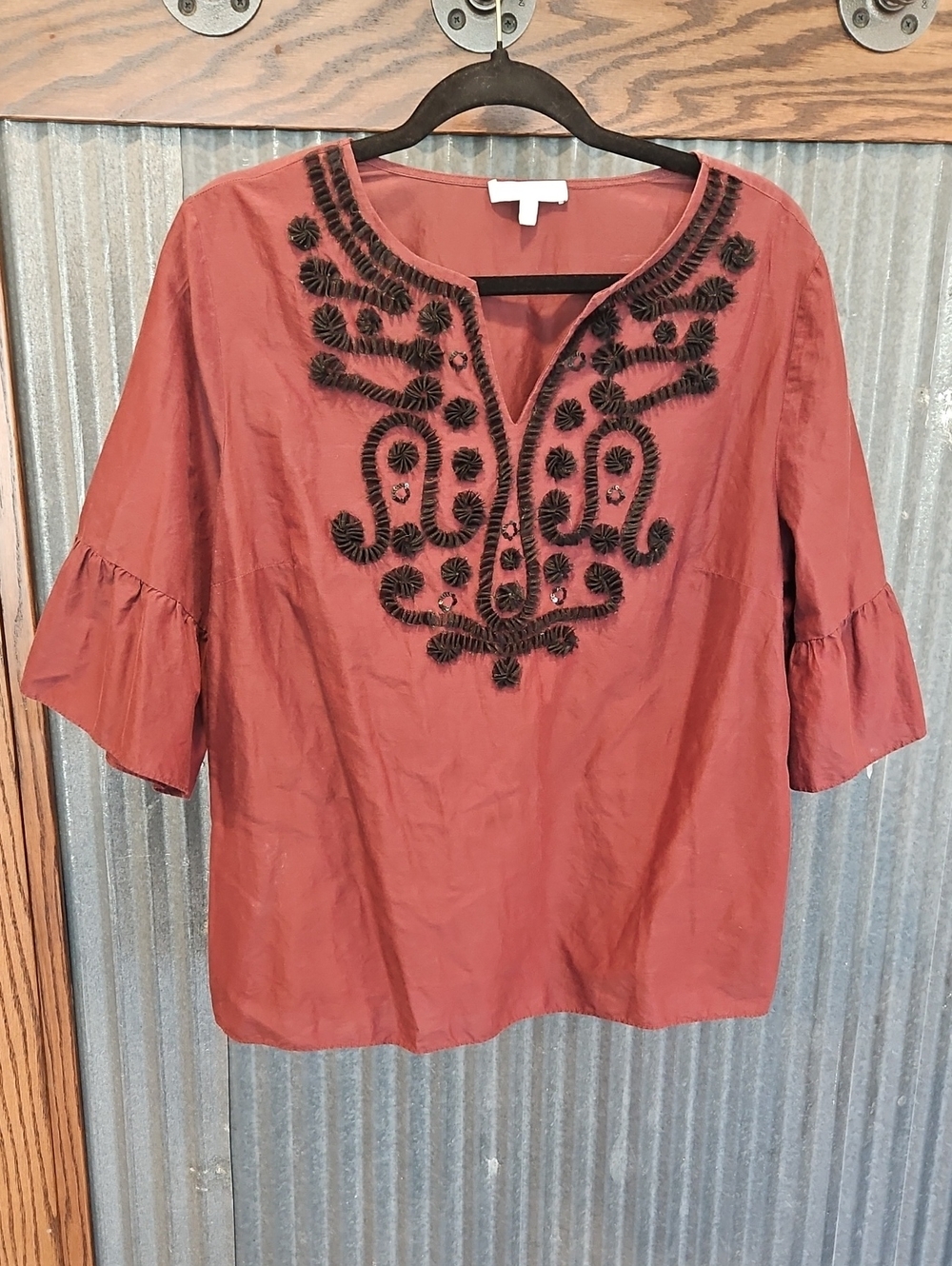 Talbots Burgundy Embellished V-Notch Top